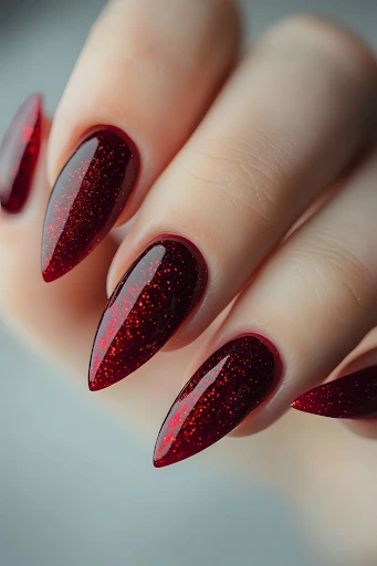 Image of a crushed cranberry glass tips nails