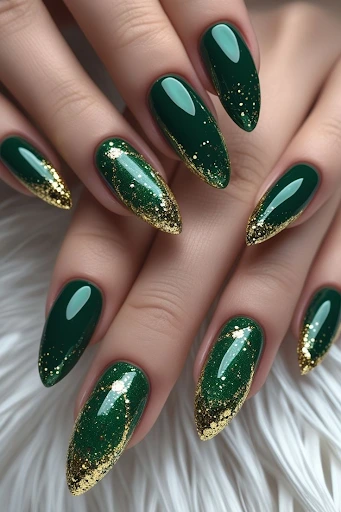 Image of emerald green gloss with gold foil accents nails