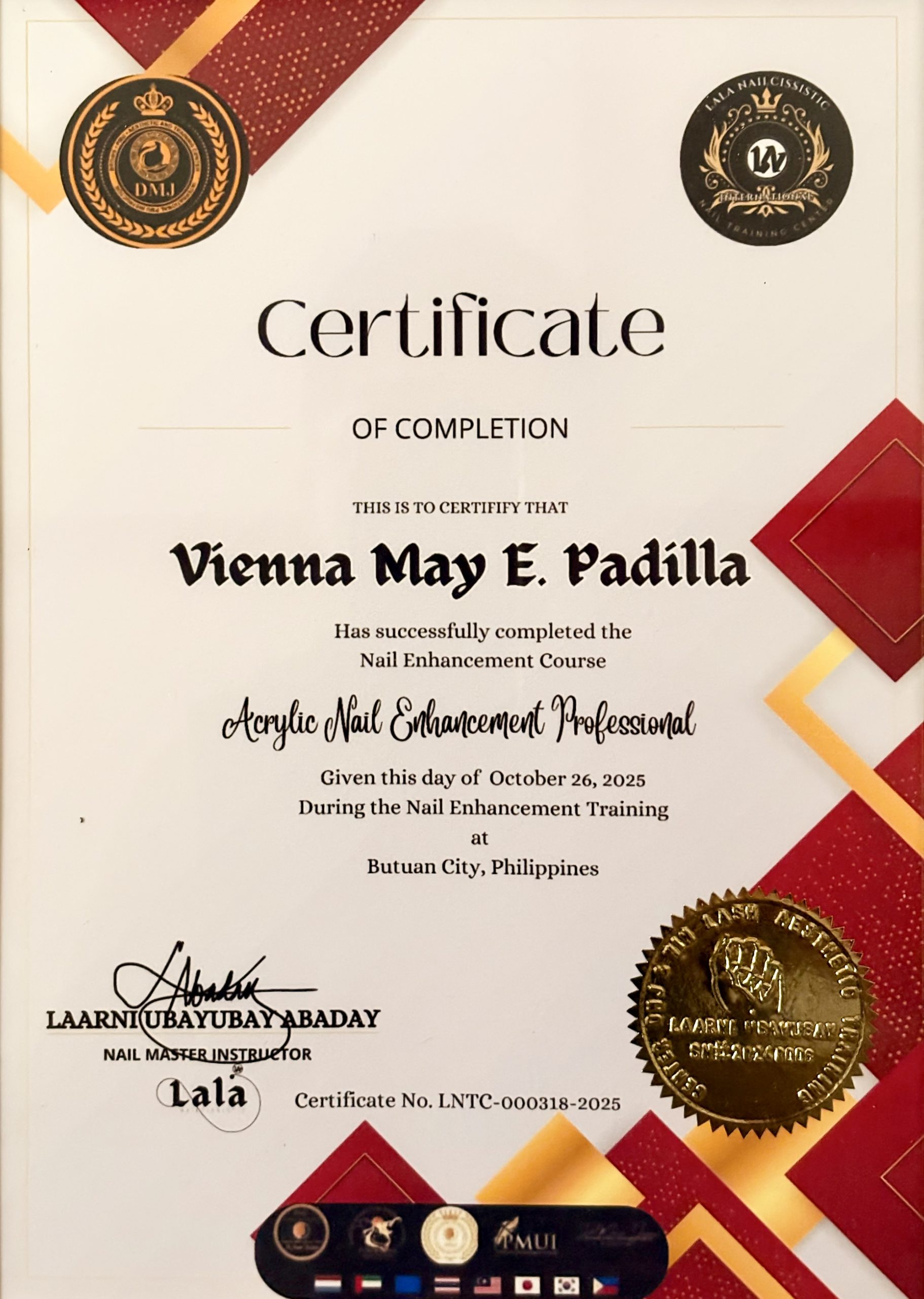 About Vienna May Padilla - Certificate for Acrylic Nail Enhancement professional