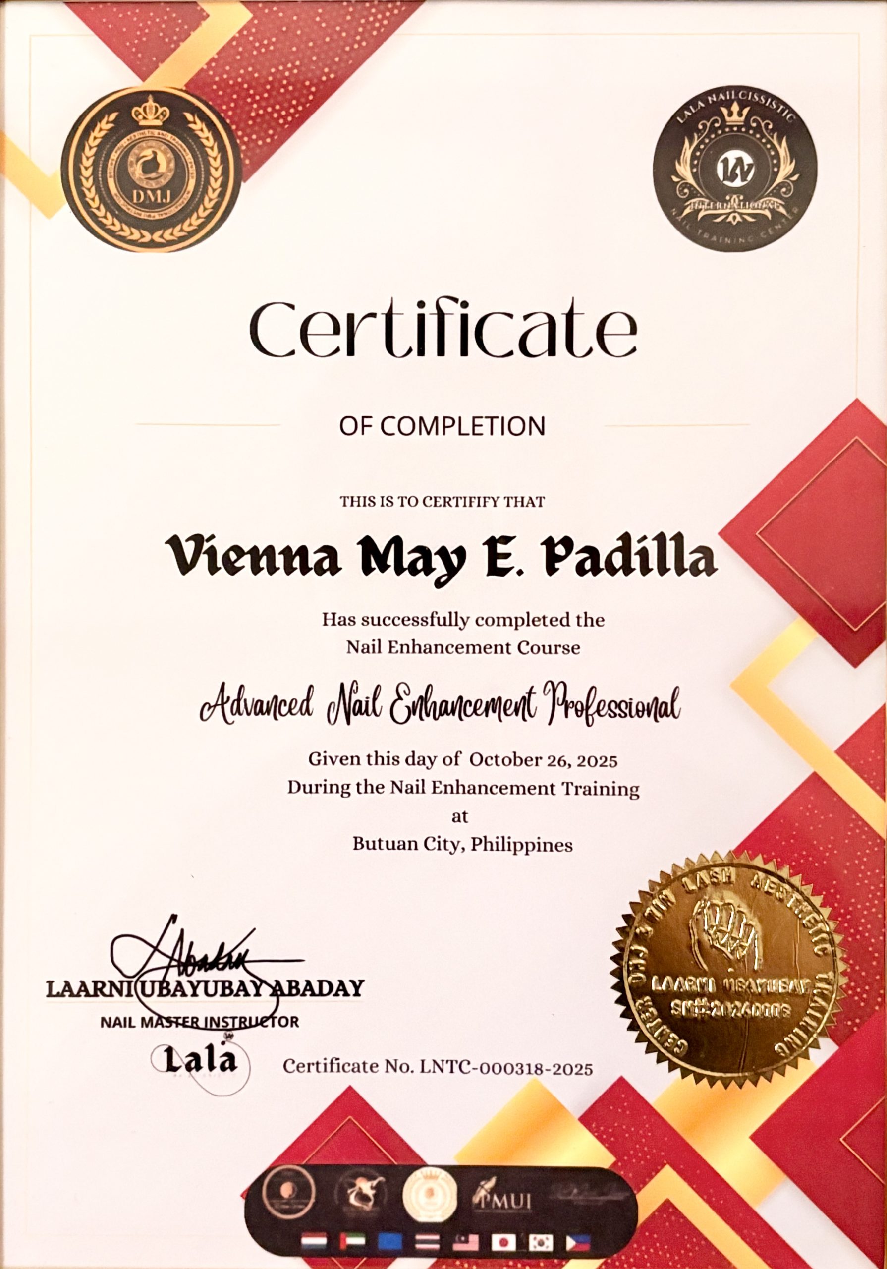 About Vienna May Padilla - Certificate for Advanced Nail Enhancement Professional