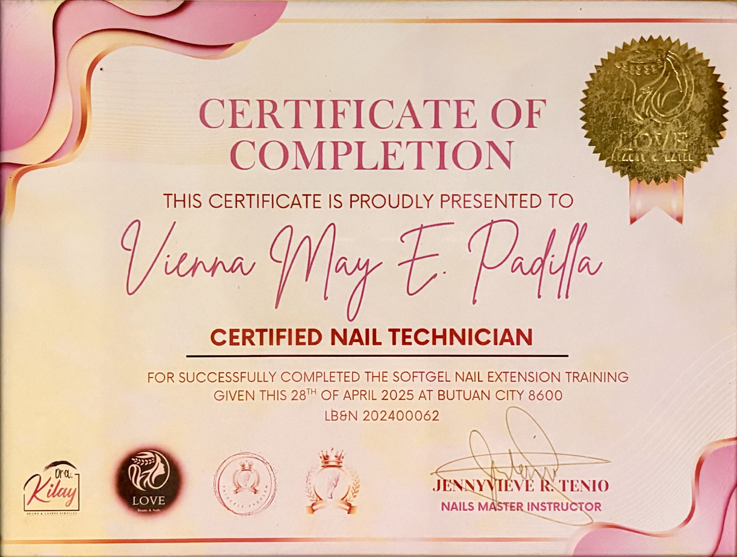 About Vienna May Padilla - Certificate for Soft Gel Nail Extension