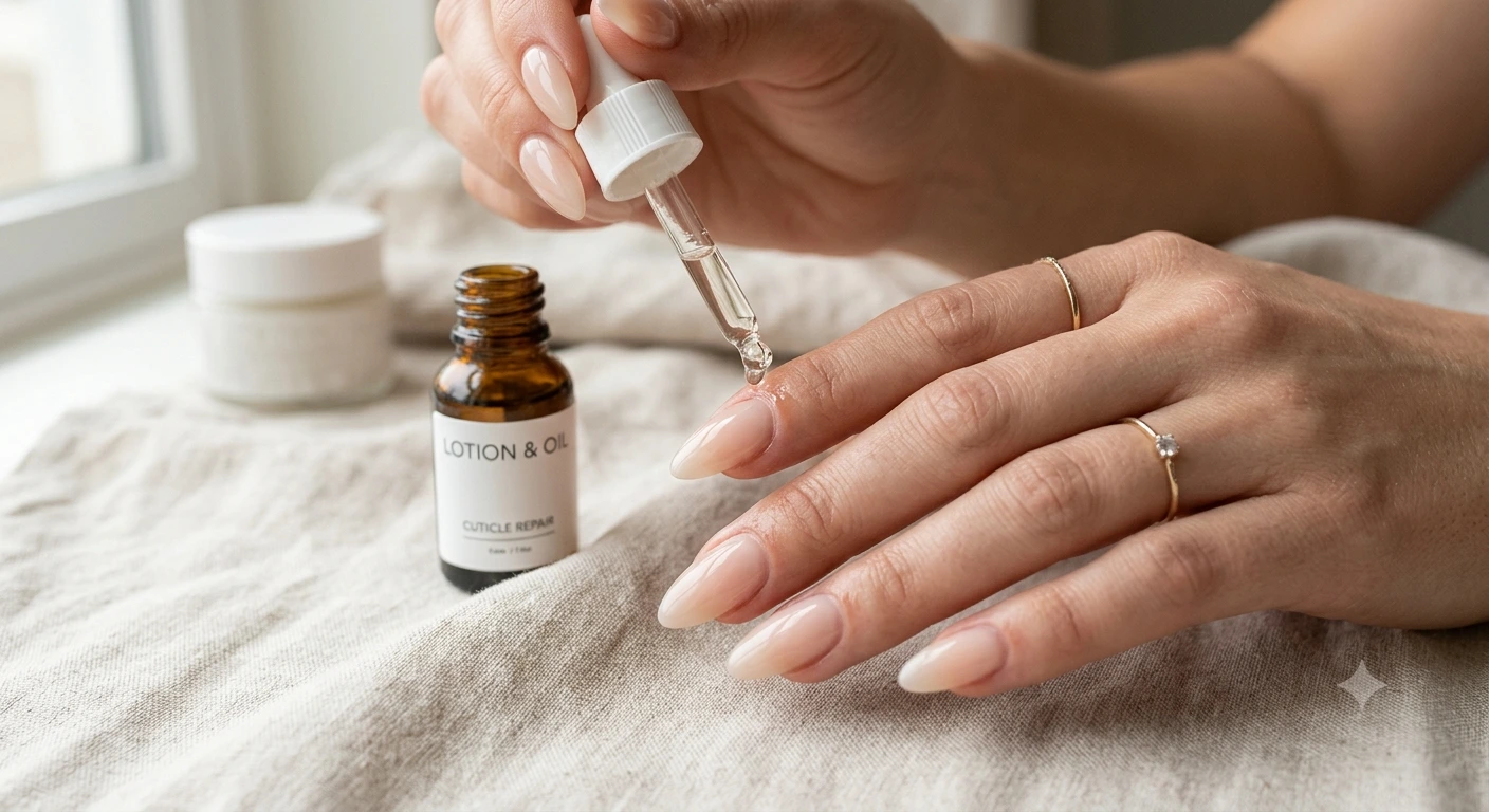Applying cuticle oil to gel nail extensions for aftercare