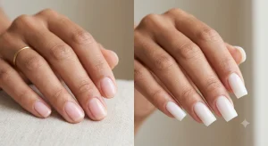 Comparing a lighter gel polish look to a hard gel set