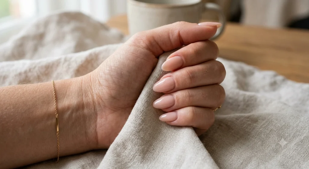 Fresh gel nail extensions on a manicured hand, natural lighting