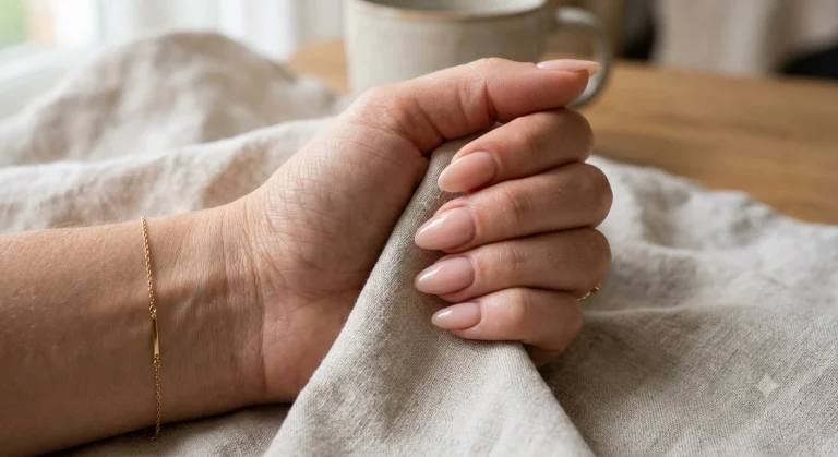 Fresh gel nail extensions on a manicured hand, natural lighting
