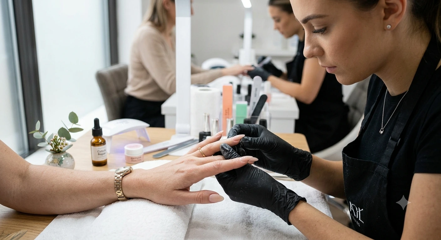 Nail technician checking new extensions for proper bonding
