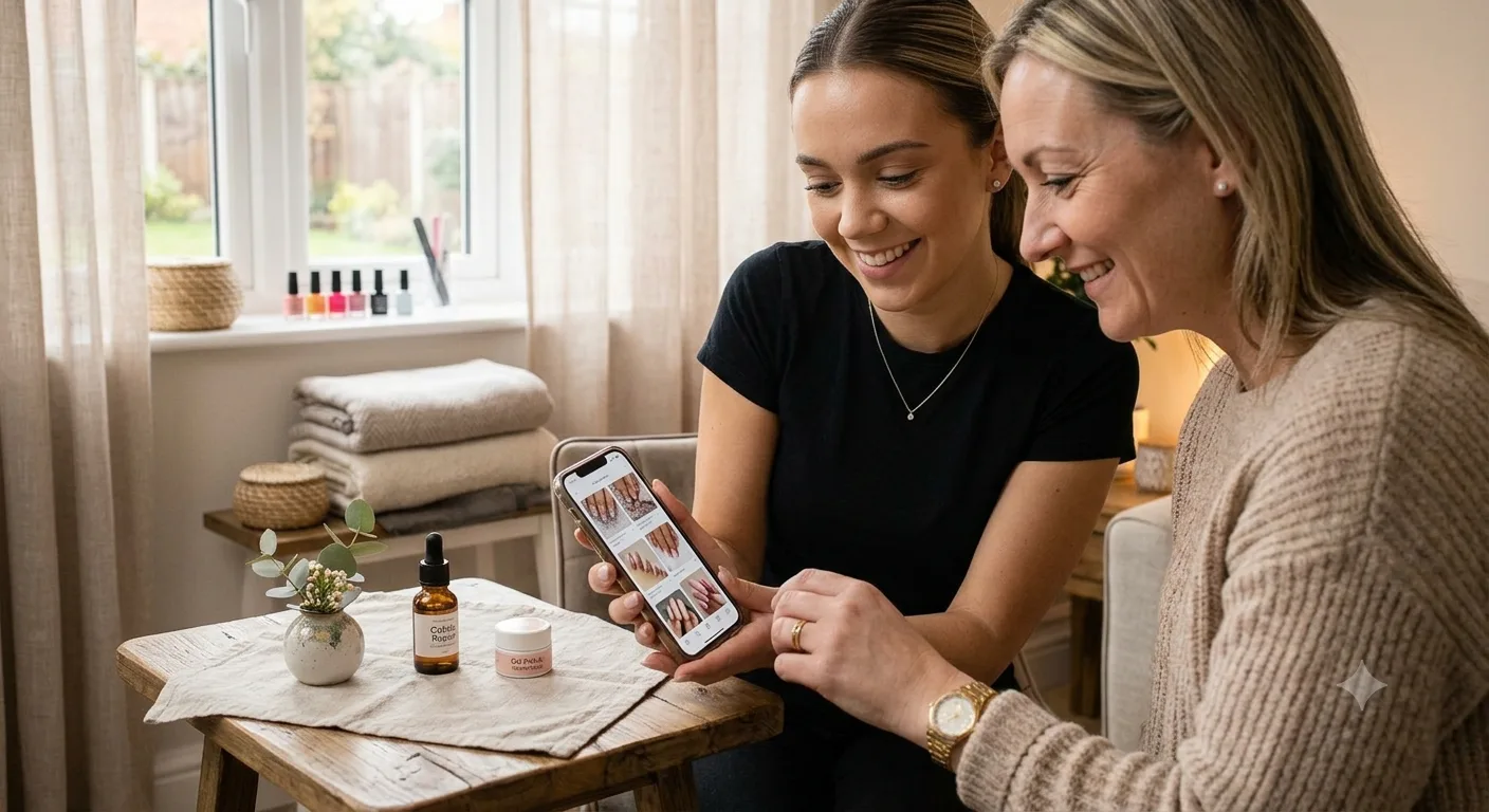 Nail technician consulting with a first-time client on design options