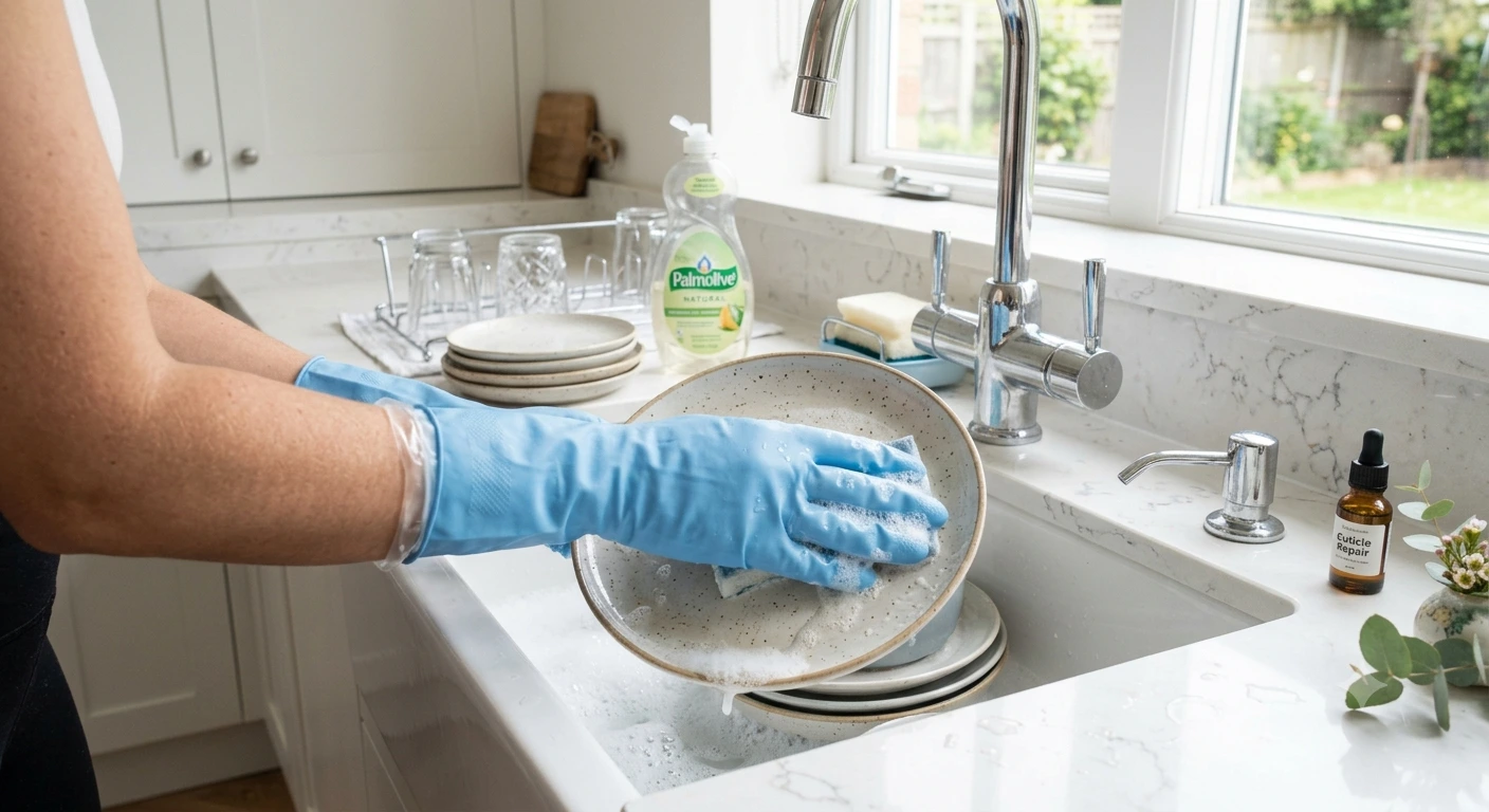 Wearing gloves to protect new nail extensions while doing chores