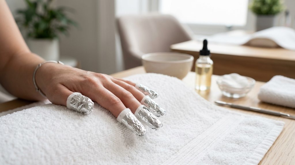 Foil-wrapped fingertips during a builder gel soak-off