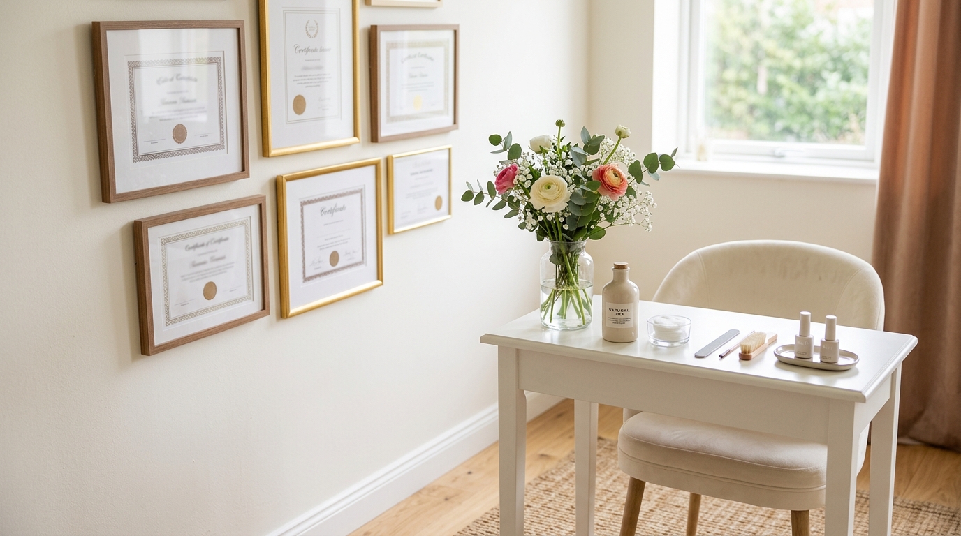 Framed nail training certificates displayed in the studio
