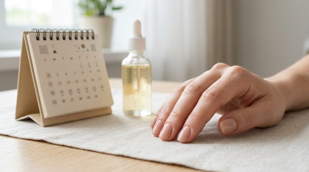 Glossy gel manicure beside cuticle oil and a small calendar