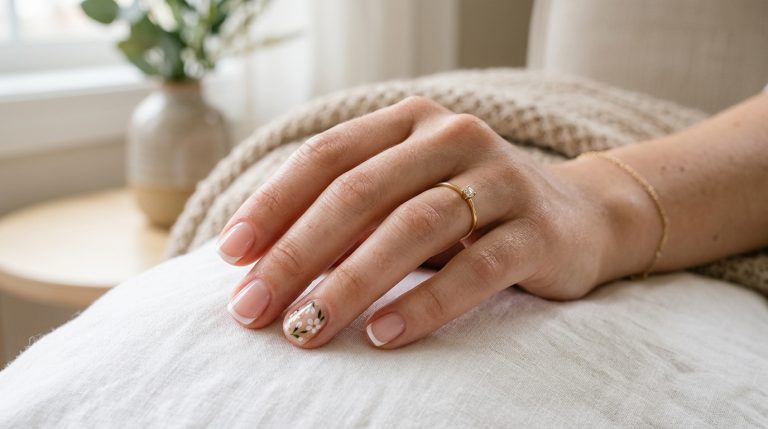 Short nails with micro French and a small floral accent nail
