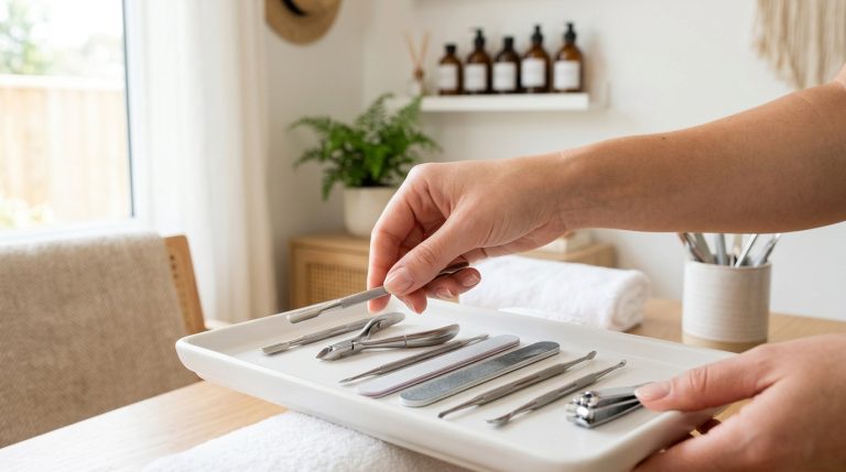 Sterilised nail tools laid out before a manicure appointment