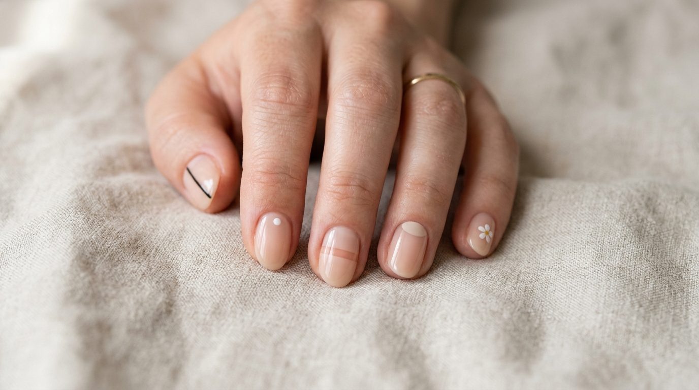 Five minimalist nail art designs side by side