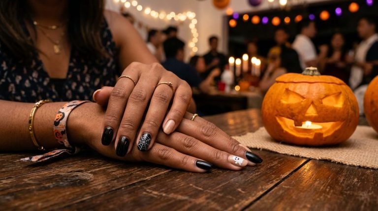 Halloween gel manicure with spider web and ghost accent nails