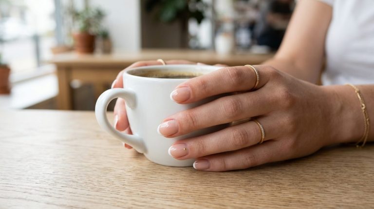 Minimalist manicure with micro French tips and a gold dot