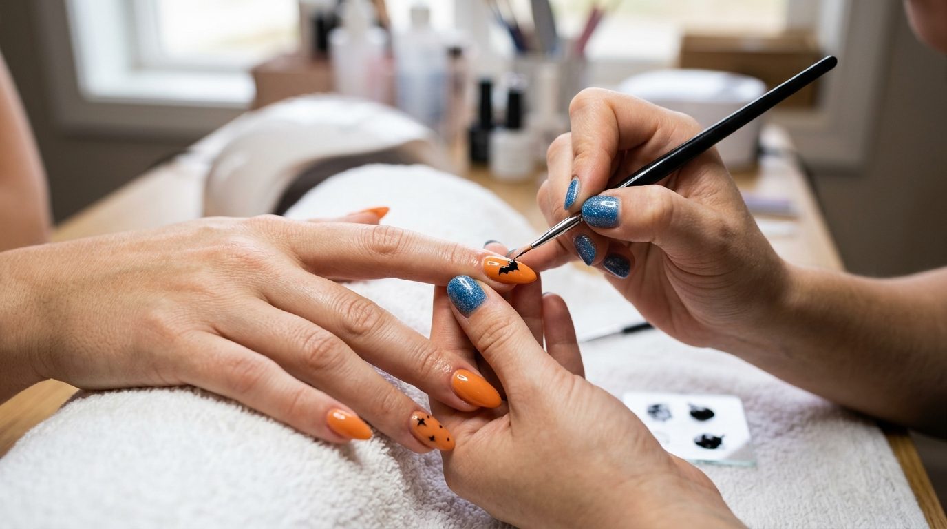 Nail technician hand-painting Halloween bat nail art