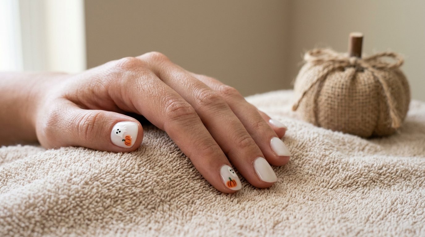 Short nails with hand-painted ghost and pumpkin accents