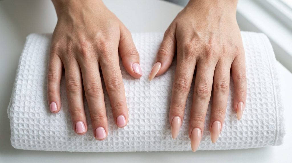 Soft gel manicure next to hard gel extensions