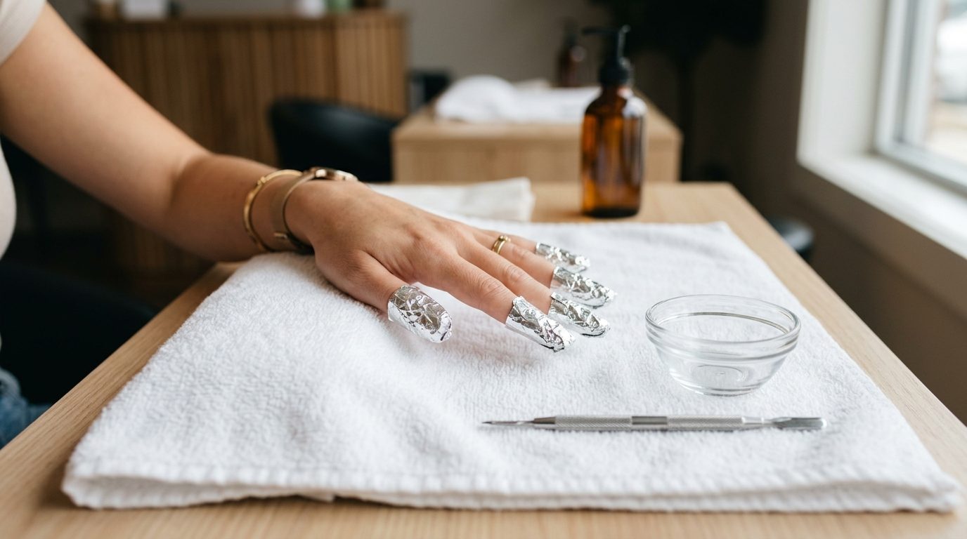 Soft gel being soaked off with foil wraps