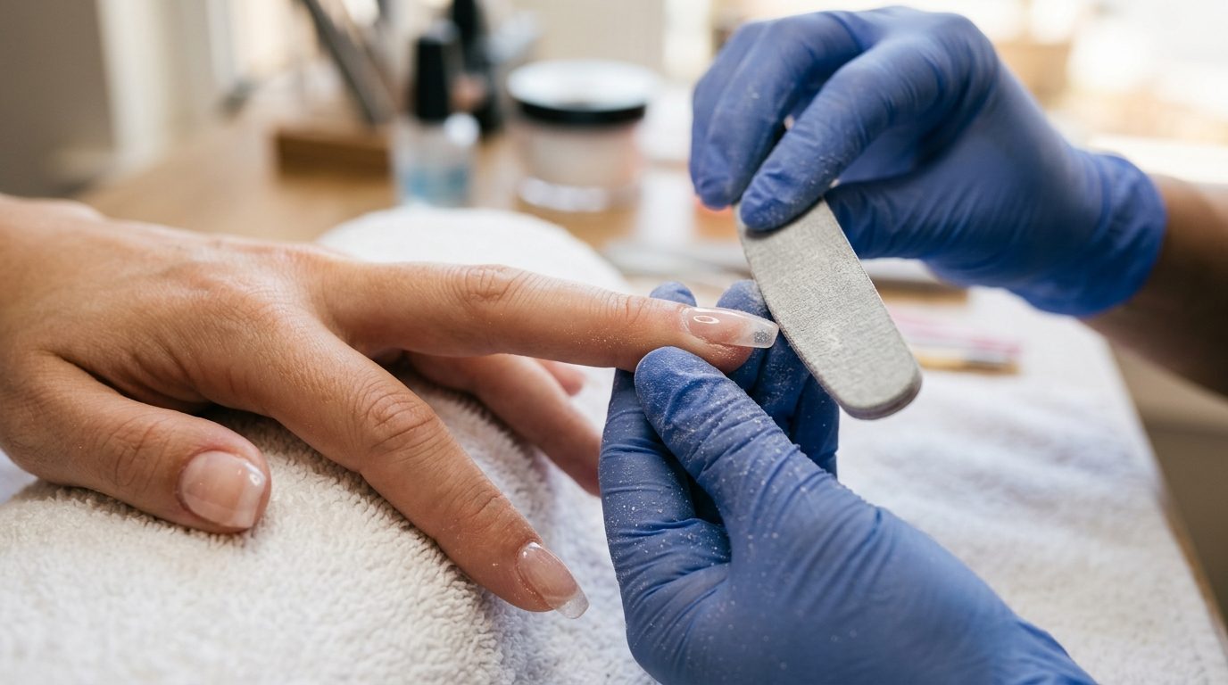 Technician filing a hard gel overlay into shape